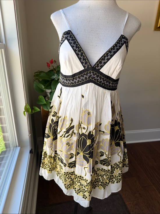 A.B.S Dresses & Skirts - White Floral Spaghetti-Strap Mini Dress with Black Trim and Yellow Accents